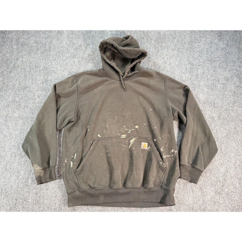 Carhartt Hoodie Mens Large Brown Rain Defender Loose Fit Sweatshirt Paint Stains